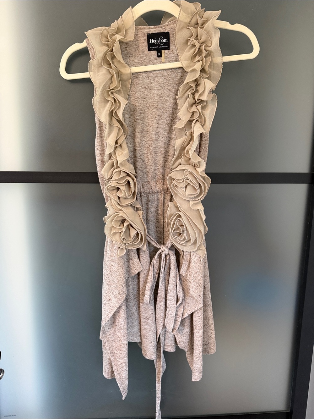 Heirloom M Taupe Ruffle Rosette chiffon Sleeveless Open-Front Vest cardigan